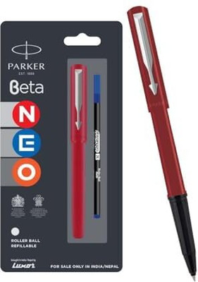 PARKER Beta Neo Chrome Trim Roller Ball Pen| Red Body Color| Roller Ball Pen(Ink Color - Blue)