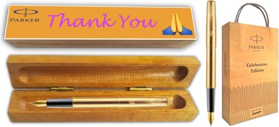 PARKER FRONTIER GOLD FOUNTAIN PEN GT With Wooden Thank You Wishing Gift Box & Gift Bag Fountain Pen(Blue)