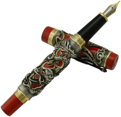 Glare Impex Jinhao Dragon Phoenix Embossment Fountain Pen Gray Embossment Red Background Fountain Pen(Ink Color - Mulitcolor)