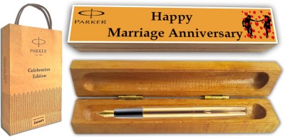 PARKER FRONTIER GOLD GT FP With Wooden Happy Marriage Anniversary Gift Box and Gift Bag Fountain Pen(Blue)