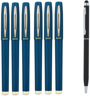 Baoke 6 Blue 1.0mm Fine Point Pen+FREE Roller Ball Blue Pen|Silver & Black Finish Gel Pen(Pack of 7, Blue Pen For Students, Teachers, Doctor, etc.)