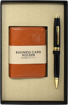 CROSS Coventry Black Lacquer With Gold Appointments + Tan Business Card Holder Pen Gift Set(Pack of 2, Black)