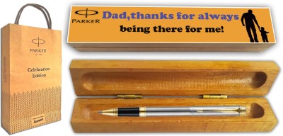 PARKER FOLIO STAINLESS STEEL GT RB With Wooden Thanks Dad Gift Pen Box and Gift Bag Roller Ball Pen(Blue)