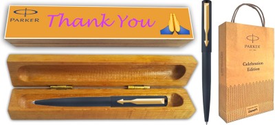 PARKER VECTOR MATTE BLACK GT BP With Wooden Thank You Wishing Gift Box and Gift Bag Ball Pen(Blue)