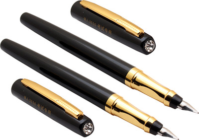 Ledos Set Of 2 Yiren 3530 Full Black Metal Body Crystal On Top & Golden Trims Fine Nib Fountain Pen(Pack of 2, Ink Color - Converter System)