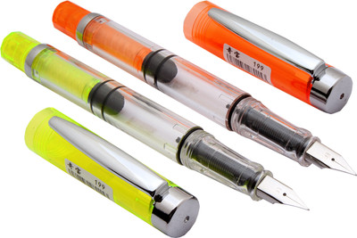 Ledos Demonstrator piston mechanism neon yellow & Orange safari Fountain Pen(Pack of 2, Ink Color - Blue)