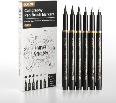GXIN Calligraphy Pen Brush Markers for Sketching, Artist Illustration, Scrapbooking Calligraphy(Pack of 6, Black)