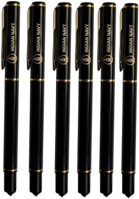 KING & I Black/Golden Color Combination Metal Body Roller Indian Navy Symbol Ball Pen(Pack of 6, Ink Color - Blue)