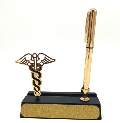 PGen Gold Plated Metal Pen, SS Doctor Crown Logo and Table Top Stand with Name Card Ball Pen(Blue)
