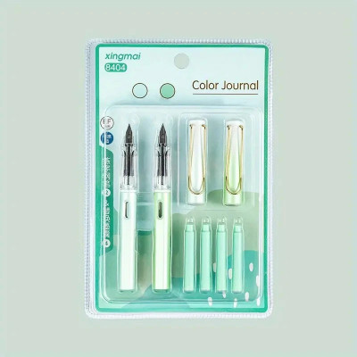HARDSOSH'S COUTURE Green Emerald Luxurious Kawaii Fountain Pen 6 Item, 2 FountainPen, 4 Cartridge Fountain Pen(Pack of 2, Ink Color - Blue)