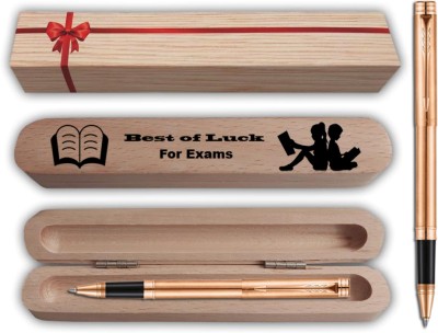 PARKER Folio Antimicrobial Roller Pen with Engraving Wooden Best of Luck For Exam Gift Roller Ball Pen(Ink Color - Blue)