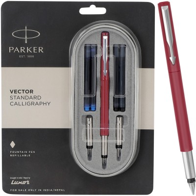 PARKER Vector Standard Calligraphy, Chrome Trim With 4 Ink Cartridges (2 Blue Fountain Pen(Ink Color - Blue)