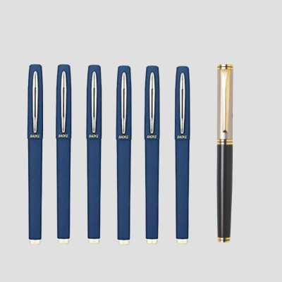 Baoke 6 Blue Gel Pen 0.7mm+FREE Roller Ball Blue Ink Pen Elegant Black & Gold Finish Gel Pen(Pack of 7, Ink Color - Blue)