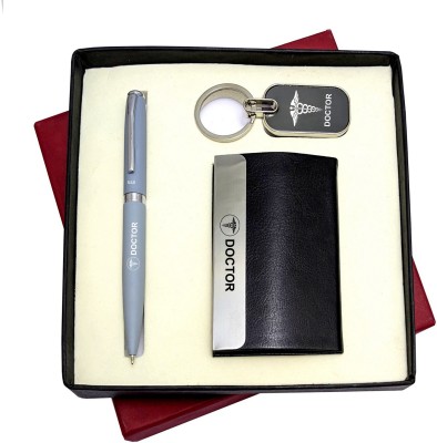 UJJi 3in1 Dcotor Logo Engraved Set with Grey Ballpen Keychain and ATM Card Holder Pen Gift Set(Pack of 2, Blue Ink)