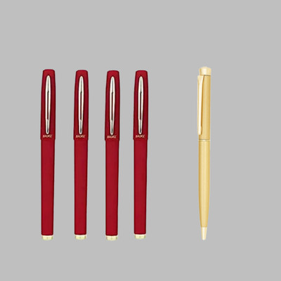 Baoke 4 Red Gel ink pen fine point 0.7mm+1 Roller Ball Blue Pen Elegant Gold Finish Gel Pen(Pack of 5, Ink Color - Red, Blue)