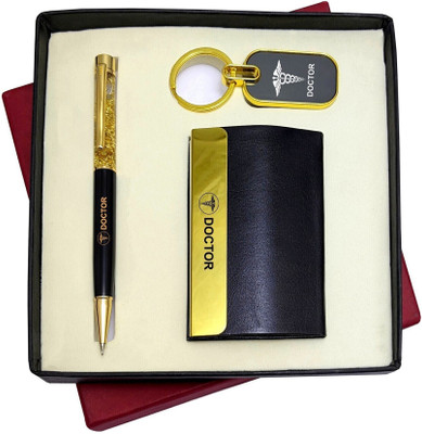 UJJi 3in1 Doctor Logo Set in Golden Gel Shiny BallPen, Keychain and ATM Card Holder Pen Gift Set(Pack of 2, Ink Color - Blue )
