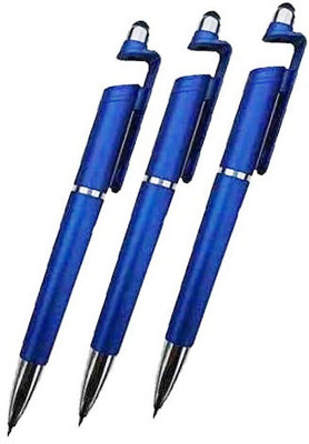 SHOP EXCITING 3 IN 1 Pen Function Screen Wipe Writing Pen Mobile Holder Ball Pen(Pack of 3, Ink Color - Blue)