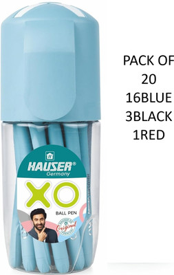 HAUSER Germany XO 0.7mm Ball Pen Box Pack | Sleek Body Ball Pen(Pack of 20, Ink Color - 16BLUE, 3BLACK, 1RED)