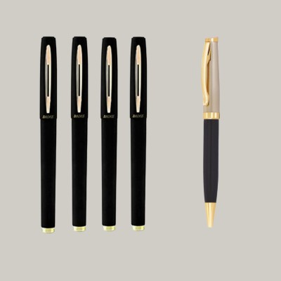 Baoke 0.7mm Black Gel pen fine point+Roller Ball Blue Pen Elegant Gold & Black Finish Gel Pen(Pack of 5, Black)