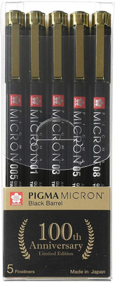 SAKURA Pigma Micron Black Barrel 5 Fineliners Anniversary Edition Pen Gift Set(Pack of 5, Ink Color - Black)
