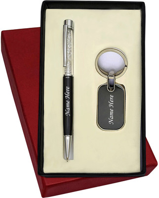 UJJi Name Print Cristal Filled Cap Black Colour Metal Keychain and Pen Gift Set(Pack of 2, Ink Color - Blue )