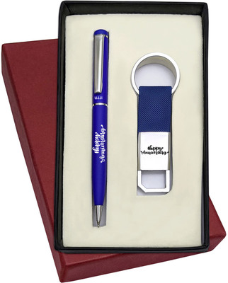 UJJi Happy Anniversary Printed Slim Design Blue Color Metal Ball Pen & Hook Keychain Pen Gift Set(Pack of 2, Ink Color - Blue )