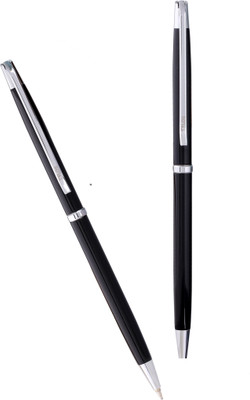 Tylos Classic Metal Black Body Pen with Silver Cap Studded Stone on Top Arrow Clip Ball Pen(Pack of 2, Ink Color - Blue)