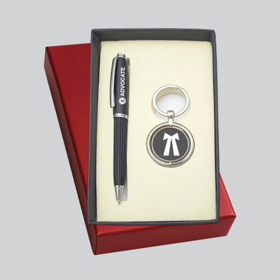 UJJi Advocate Logo Line Pattern Black Metal Pen with Revolving Keychain Pen Gift Set(Pack of 2, Ink Color - Blue)