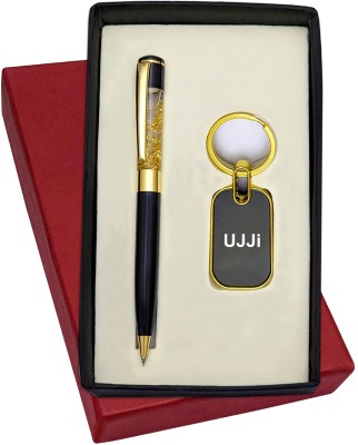 UJJi Golden Gel Filled Brass Body Ball Pen & Metal Keychain Pen Gift Set(Pack of 2, Blue Ink)