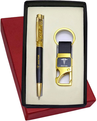 UJJi Doctor Logo Printed Golden Gel Filled Brass Body Ball Pen & Hook Keychain Pen Gift Set(Pack of 2, Ink Color - Blue )