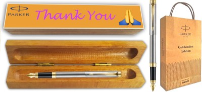 PARKER FOLIO STAINLESS STEEL FP GT With Wooden Thank You Wishing Gift Box & Gift Bag Fountain Pen(Blue)