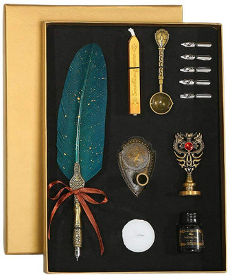 URBAN BOX Quill Pen and Ink Set,Calligraphy Feather Pen with Wax Seal Stamp and Wax Sticks Calligraphy(Ink Color - Black)