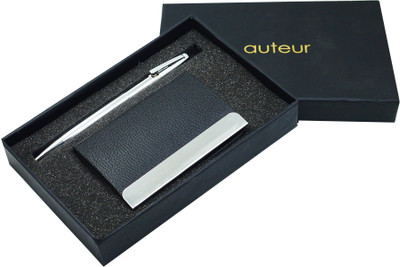 auteur 2 in 1 Gift Set, Silver Ball Pen & A Premium RFID Safe Card Wallet V7 Ball Pen(Pack of 2, Ink Color - Blue)