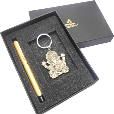 auteur Golden Roller Ball Pen and Lord Ganesha Key Chain Pen Gift Set(Blue)