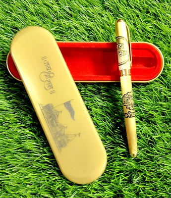 PGen Luxury Gold Plated Metal Pen Ayodhya Ram Mandir Engraved Gift set Box Roller Ball Pen(Ink Color - Blue)