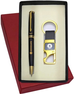 UJJi Advocate Logo Engraved Brass Body Black Colour Pen & Metal Hook Keychain Pen Gift Set(Pack of 2, Blue Ink)
