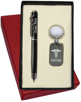 UJJi Doctor Clip Name Engraving Option Metal Keychain and Ball Pen(Pack of 2, Ink Color - Blue )