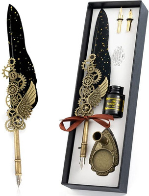 SANGOZ Black Feather Pen with Ink & 2 Replacement Nibs & Pen Holder Multi-function Pen(Ink Color - Black)