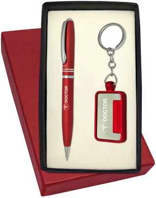 UJJi Doctor Logo Ring Design Red Colour Metal Pen with Keychain Pen Gift Set(Pack of 2, Ink Color - Blue )