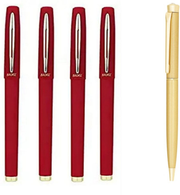Baoke Red Gel ink roller pen fine point 1.0mm+Roller Ball Blue Pen Elegant Gold Finish Gel Pen(Pack of 5, Ink Color - Red, Blue)