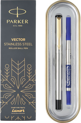 PARKER Vector Stainless Steel, Gold Trim Roller Ball Pen(Ink Color - Blue)