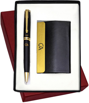 UJJi CA Gifts Black Pen with Gold Part and ATM Card Holder Pen Gift Set(Pack of 2, Ink Color - Blue )