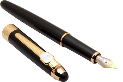 Ledos Jinhao 165 Shine Black Metal Body With Dualtone Fine Nib & Golden Trims Fountain Pen(Ink Color - Converter System)