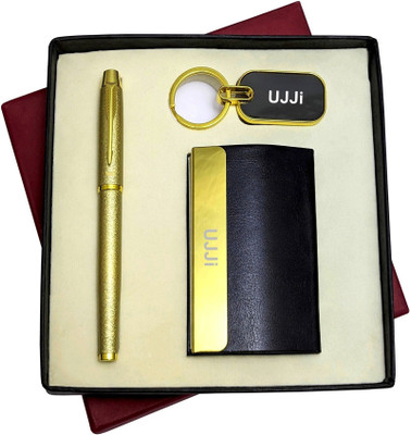 UJJi 3in1 Textured Body Golden Body Roller Pen, Keychain and ATM Card Holder Pen Gift Set(Pack of 2, Ink Color - Blue )