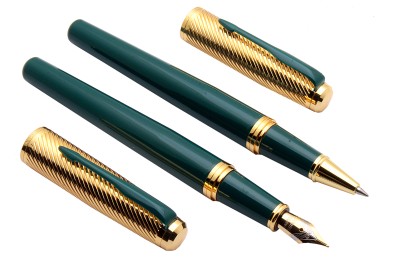 Ledos Dikawen 8077 Green & Golden Metal Body With Arrow Clip Set Of Rollerball Pen & Fountain Pen(Pack of 2, Blue Refill, Converter system)