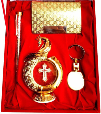 INTERNATIONAL GIFT Gold Plated Pen, Card Holder & Keychain With Jesus Cross In Peacock Shape Ball Pen(Pack of 4, Ink Color - Blue)