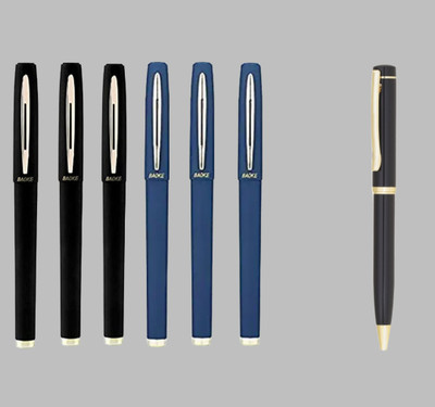 petaluma 6 Baoke Black & Blue Gel Pen 0.7mm+FREE Roller Ball Blue Pen Black & Gold Finish Gel Pen Refill(Pack of 7, Ink Color - Blue, Black)