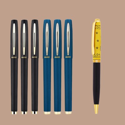 Baoke 6 Blue & Black Gel Pen 0.7mm+FREE Roller Ball Blue Ink Pen|Gold & Black Finish Gel Pen(Pack of 7, Blue, Black)