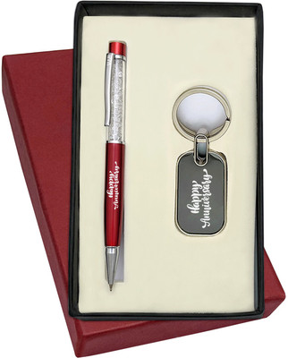 UJJi Happy Anniversary Printed 2in1 Combo Set with Cristal Filled Pen with Keychain Pen Gift Set(Pack of 2, Ink Color - Blue )