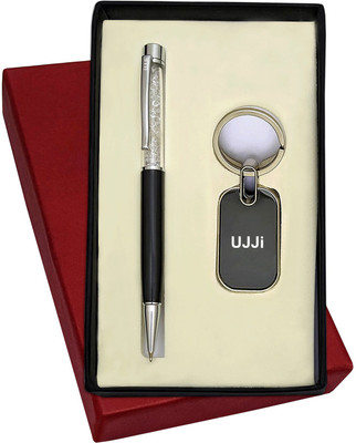 UJJi 2x1 Set Black Body Colour Cristal Metal Ball Pen with Keychain Pen Gift Set(Pack of 2, Ink Color - Blue )